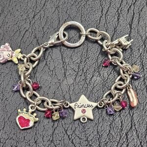 Y2K Silvertone "Princess" Charm Bracelet Shoe, Heart, Crown, Chair, Fairy, Beads